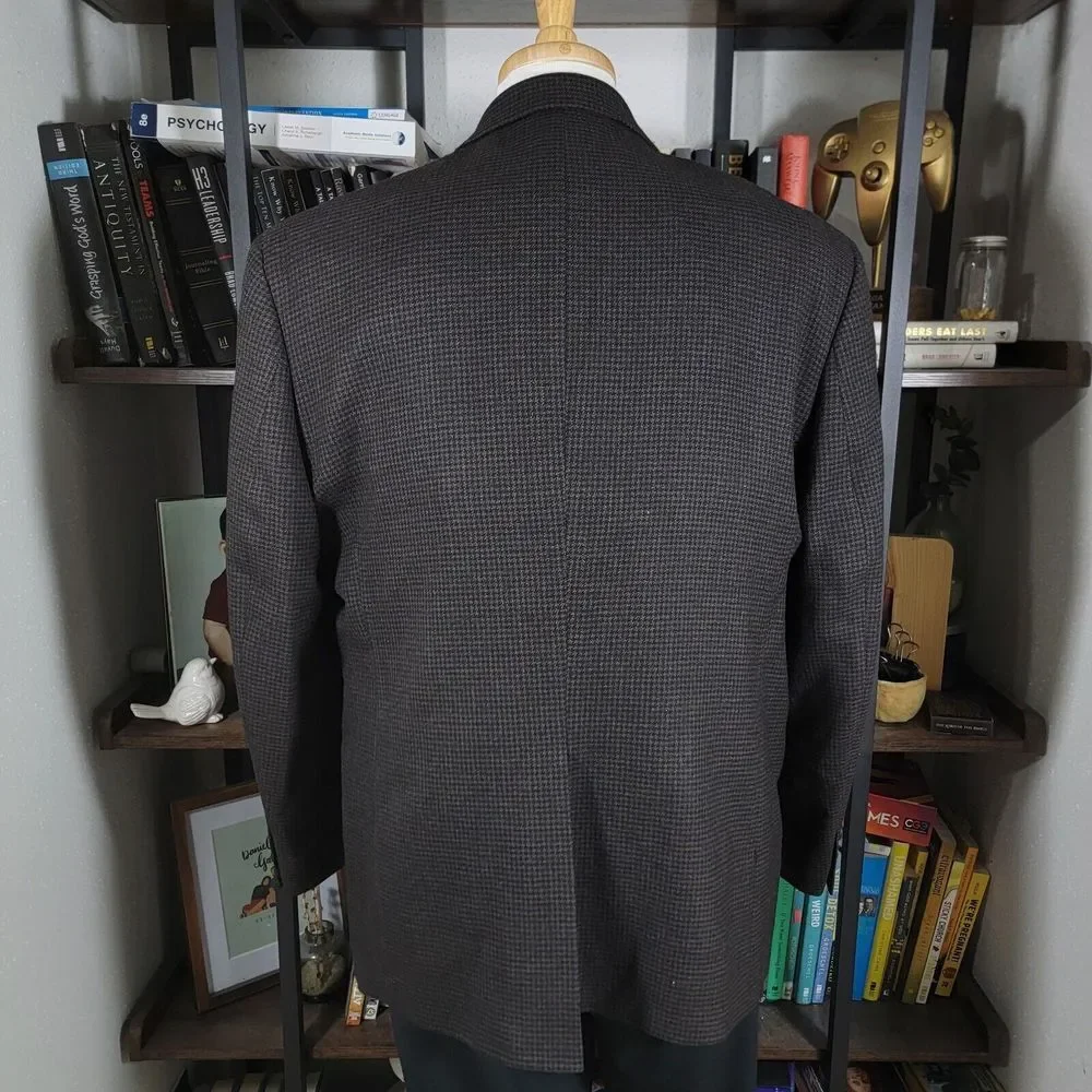 Chaps Men's Tweed Sport Coat Blazer Two Button Twill Houndstooth Brown Wool 46R‎